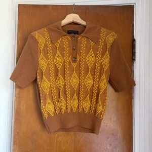 Urban Outfitters Brown and Mustard Short-Sleeve Knit Sweater